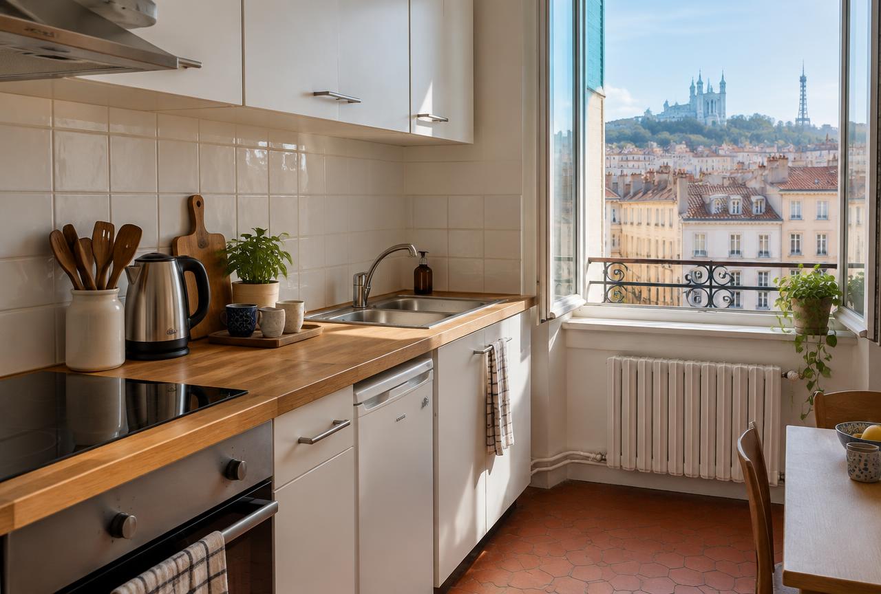 Cuisine fonctionnelle et entretenue d’un logement meublé lyonnais