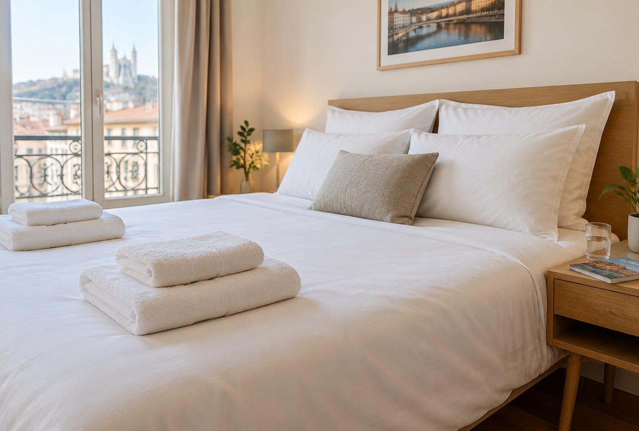 Chambre préparée avec linge propre pour un séjour lyonnais